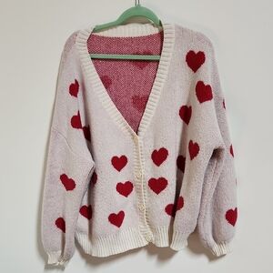 SHEIN Cream and Red Heart Cardigan